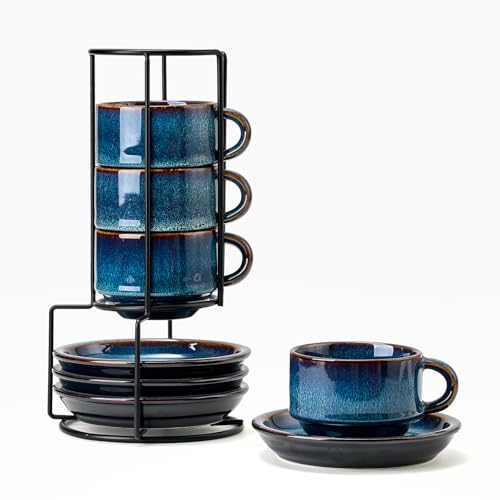 JIEMEI HOME Porcelain Stackable Cappuccino Cups with Saucers and Metal Stand, 7 Ounce Espresso Cups for Latte Coffee Cafe, Specialty Coffee Drinks, Cappuccino and Tea - Set of 4, Midnight Tide - color: Midnight Tide