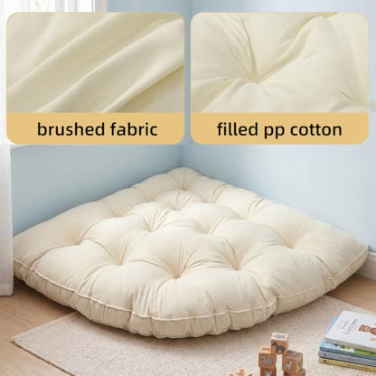 Yookeer Triangle Floor Pillow 40 Inch Cream Tufted Corner Floor Cushion Thickened Soft Window Seat Cushion Washable Meditation Mat for Living Room Bay Balcony Reading