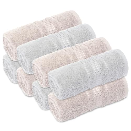 Fingertip Towels 8 Pack, 100% Turkish Cotton, Small Hand Towels for Body and Face, 12 x 18 in, Soft and Absorbent, Quick Dry, (Silver Gray - Beige Fingertip Hand Towels) - color: Silver-beige