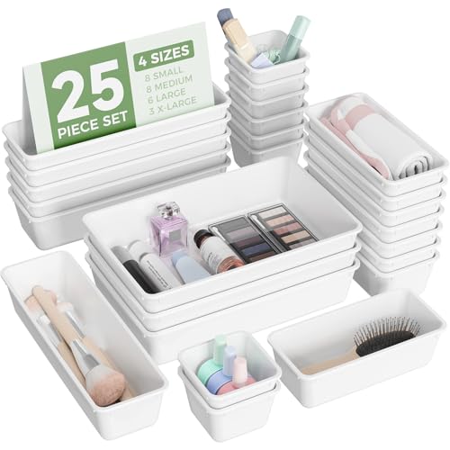 BiuLeon 25 PCS Plastic Drawer Organizers Set, 4-Sizes Vanity and Makeup Organizer, Desk and bathroom Drawer Organizer Trays, Organizers and Storage for Makeup, Jewelry, Gadgets, Utensils (White) - color: White