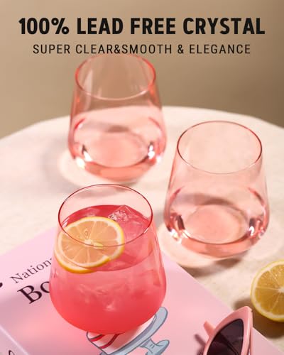 Physkoa Pink Stemless Wine Glasses Set of 6-17 oz Hand-Blown Crystal Pink Glassware with no Stem, Wedding, Birthday Gifts for Women Her Wine Lovers - color: Stemless Pink
