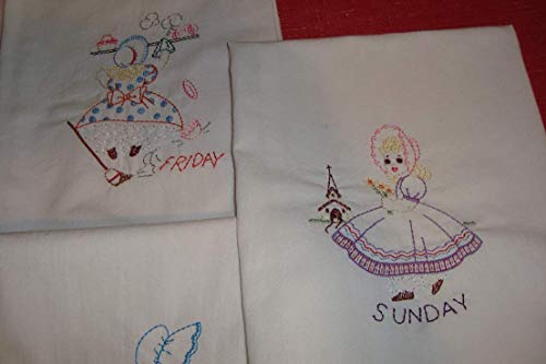 Sunbonnet Sue Days of the Week floour sack dish towels, tea towels, machine embroidery