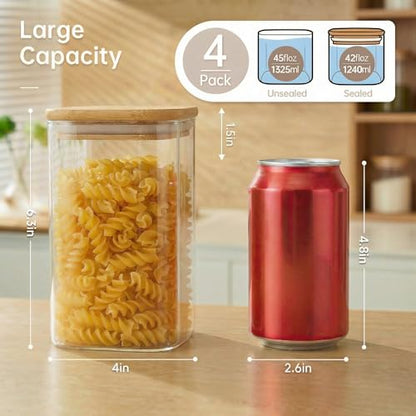 42 oz Square Glass Food Storage Containers with Airtight Bamboo Lids, 4Pack | Pantry Jars for Flour, Sugar, Pasta & Spices, 3mm Borosilicate Glass Canisters Keep Food Dry & Fresh, Easy to Fill & Clean - color: 42oz 4 Pack