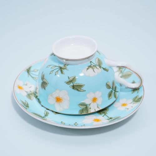 Bone China Tea Cup and Saucer Set with Spoon，Elegant Floral Tea Cup Set (7 oz)，British Coffee Latte Mug for Birthday Party Christmas gift for Friends - color: Camellia-blue