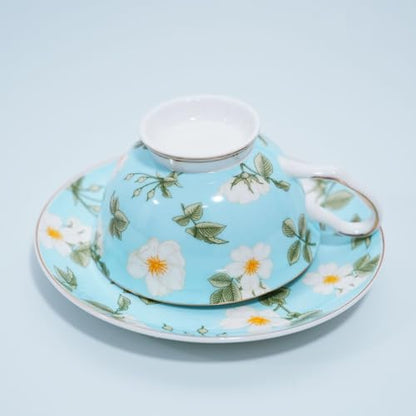 Bone China Tea Cup and Saucer Set with Spoon，Elegant Floral Tea Cup Set (7 oz)，British Coffee Latte Mug for Birthday Party Christmas gift for Friends - color: Camellia-blue
