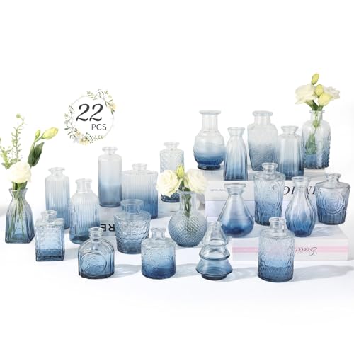 Glass Bud Vases Mini Flower Vase Small Vintage Vases for Centerpiece Table Wedding Decorations Home Decor Party(Gradient Blue 22 Pack) - style: Gradient Blue 22 Pack
