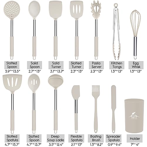 MIBOTE Silicone Kitchen Cooking Utensils Set, Steel Handle, Khaki | Heat Resistant, BPA-Free Silicone Kitchen Tools Set with Stainless Steel Handle – Durable, Non-Toxic Cooking Utensils Set - color: 3-Khaki