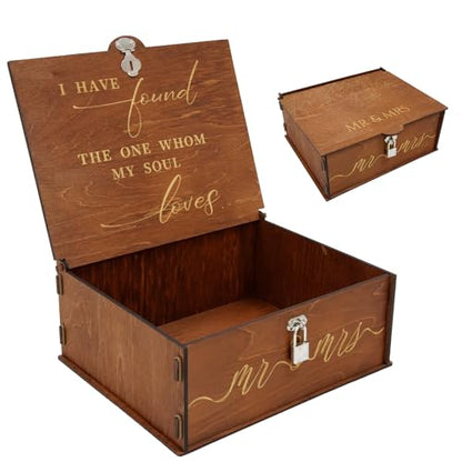 Mr and Mrs Wedding Keepsake Box Large Wooden Storage Box with Lid and Lock | Assembled Keepsake Memory Box, Anniversary Engagement Gift, Exquisitely Carved Exterior, Quick Assembly, Large Capacity
