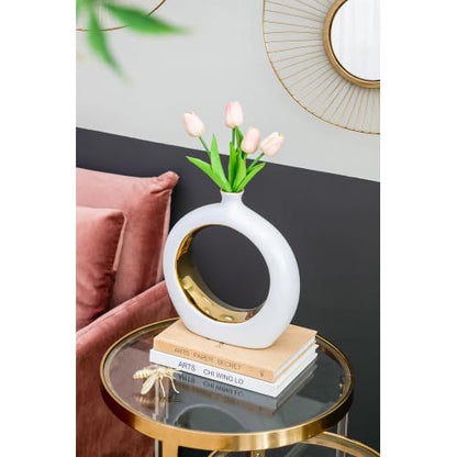 White and Gold Donut Vase Ceramic Hollow Round Flower Vase Minimalist Boho Home Decor for Wedding Party Dinner Table Living Room Office Bedroom