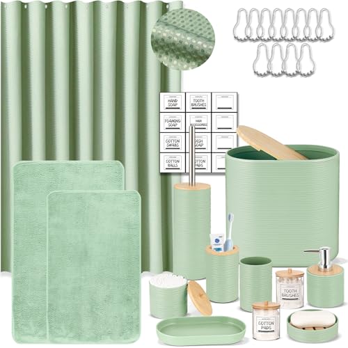 IMAVO Green Bathroom Set,26Pcs Bathroom Accessories Set with Waffle Shower Curtain,Rugs,Trash Can,Tray,Soap Dispenser,Soap Dish,Toothbrush Holder,Toothbrush Cup,Toilet Brush Holder and Qtip Holders - color: Green, size: 26 PCS Bathroom Set+Waffle Shower C