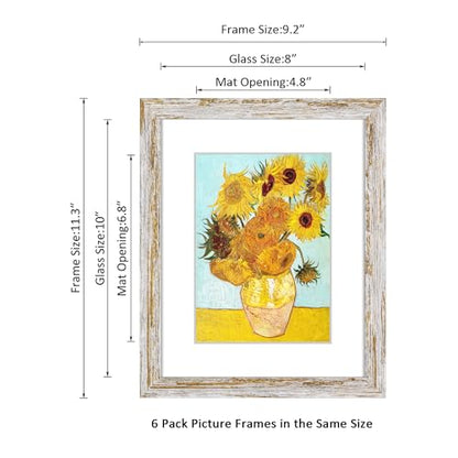 Rustic Distressed Retro Style White Frame 8x10 Picture Frame Set of 6 with Real Glass for Pictures 5x7 with Mat or 8x10 Without Mat, Wall Gallery or Tabletop display - size: 8x10(set of 6)