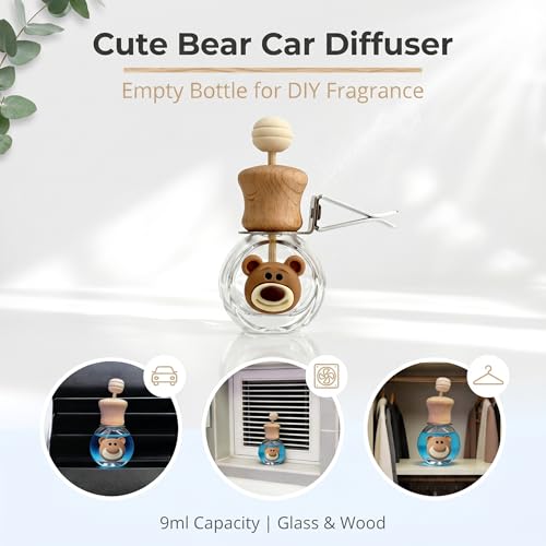 2 Pack Bear Refillable Car Vent Clip Diffuser Empty Glass Bottle | Wood lid aroma bottle with dropper, holds essential oils for car wardrobe home bathroom use - size: Bear-A1 - 2PCS