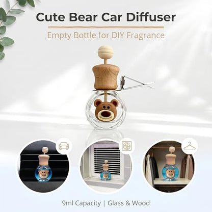 2 Pack Bear Refillable Car Vent Clip Diffuser Empty Glass Bottle | Wood lid aroma bottle with dropper, holds essential oils for car wardrobe home bathroom use - size: Bear-A1 - 2PCS