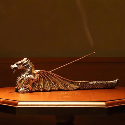 13'' L Mechanical Dragon Incense Holder Burner Stick Sculpture | resin steampunk mystical gothic decor for man cave long ash catcher tabletop aromatherapy ornaments industrial gears gifts