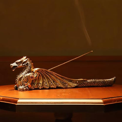 13'' L Mechanical Dragon Incense Holder Burner Stick Sculpture | resin steampunk mystical gothic decor for man cave long ash catcher tabletop aromatherapy ornaments industrial gears gifts