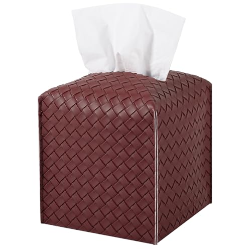 Tissue Box Cover Square Leather Facial Paper Holder, Dark red | PU Leather，Easy to Fill, Easy Clean, Decorative Cube Tissue Box Holder for Office, Bathroom,Kitchen, Living room, Guest room - color: Dark Red, size: square