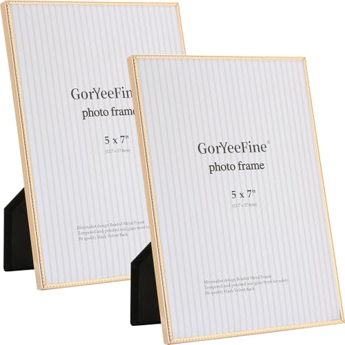 5x7 inch Gold Metal Picture Frames 2-Pack with HD-Tempered Glass,Minimalist Thin Edge with Beading Design,Velvet Back,Tabletop & Wall Mount - color: Gold, size: 5x7''(2PK)