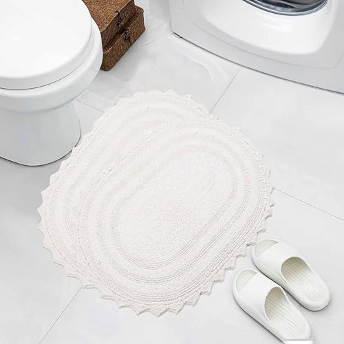 Royal Blaze Crochet Bath Rug 100% Cotton Reversible, 2Pcs 18”x26” White Oval Bath Mat, Washable Plush Bathroom Rug, Tufted Loop Design with Quick-Dry Technology, Machine Washable - color: Soft White, size: 18"x26" + 18"x26" Oval