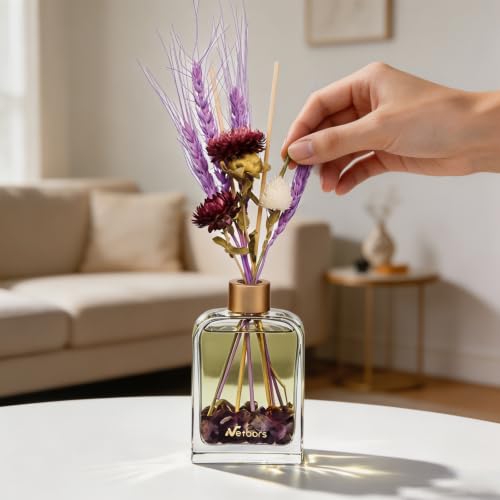 Reed Diffuser Home Fragrance Set 6oz with Real Dried Flowers & Natural Crystal Stones for Positive Energy – DIY Aromatherapy Gift, Safe for Kids and Pets (Violet Spirit)