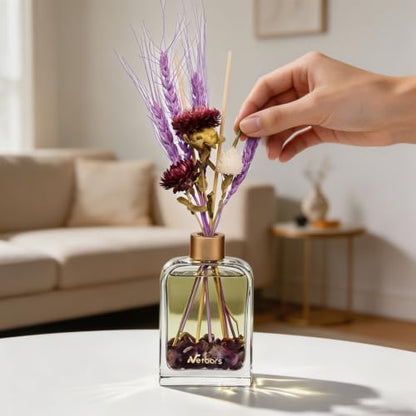 Reed Diffuser Home Fragrance Set 6oz with Real Dried Flowers & Natural Crystal Stones for Positive Energy – DIY Aromatherapy Gift, Safe for Kids and Pets (Violet Spirit)