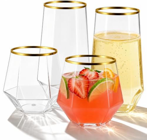 48 Pack Plastic Glasses – 24 x 9oz Stemless Champagne Flutes & 24 x 12oz Stemless Wine Glasses – Elegant Disposable Shatterproof Cup – BPA-Free Drinkware for Weddings, Parties (Gold Rim Diamond) - color: Gold Rim Diamond