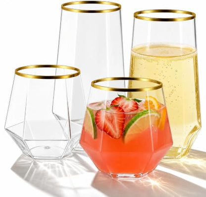 48 Pack Plastic Glasses – 24 x 9oz Stemless Champagne Flutes & 24 x 12oz Stemless Wine Glasses – Elegant Disposable Shatterproof Cup – BPA-Free Drinkware for Weddings, Parties (Gold Rim Diamond) - color: Gold Rim Diamond