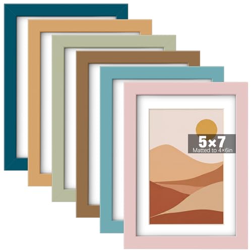 5 x 7 Picture Frame Set of 6, Boho Colorful Photo Frames | Display Pictures 4 x 6 with Mat, or 5 x 7 without Mat Picture Frame, with Acrylic Cover, for Home Wall Table Classroom Decor - size: 5 x 7