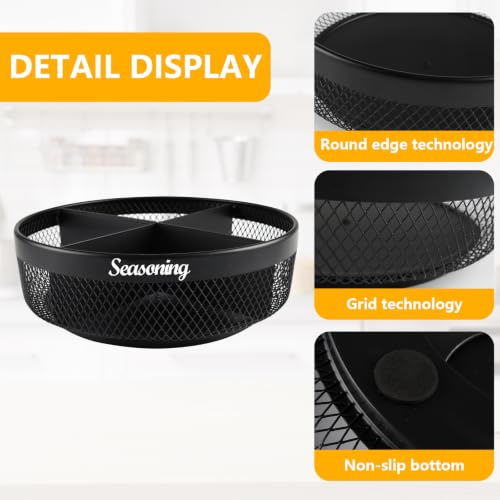 Rotating Spice Rack Organizer, 360° Black Basket for Kitchen | Metal mesh, kitchen countertop and cabinet storage, 360° rotating base, 4 divided sections, non-slip pads
