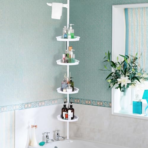 Takywep Corner Shower Caddy Tension Pole, Rust-Proof Bathroom Storage Organizer With 4-Tier Adjustable Shelves, Corner Shower Shelf With Rubber Pad, 101.6 Inch-122 Inch Height, White - color: White