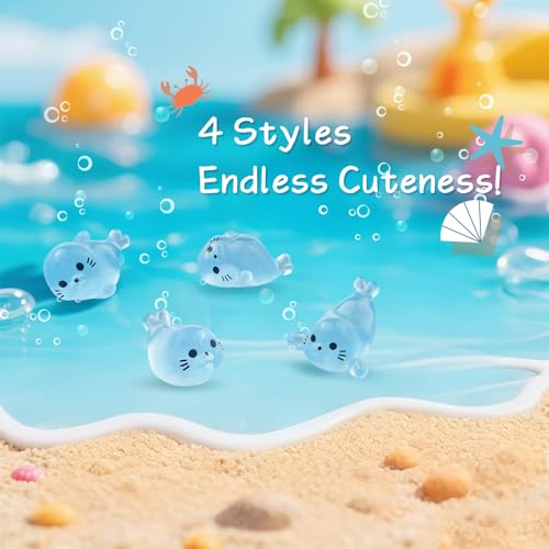 32Pcs Glow in Dark Mini Resin Seal Figurines - 4 Styles Luminous Sea Animals for Terrarium Decor, Fairy Garden, Aquarium, Small Resin Animals with Storage Box