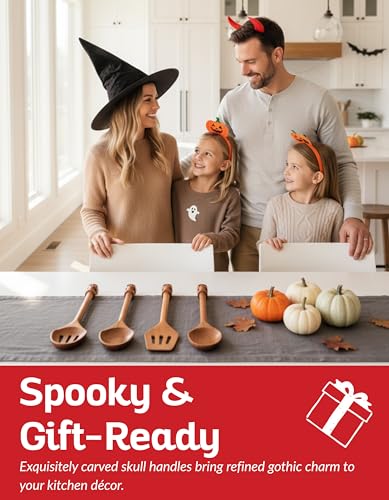 Acacia Wood Cooking Utensil Set with Skull Handles – 4-Piece FSC Certified Acacia Wood Kitchen Tools, Eco-Friendly Nonstick Safe Cooking Utensils (Spatula, Spoon, Slotted Turner, Slotted Spoon) - color: Acacia Signature Skull Set