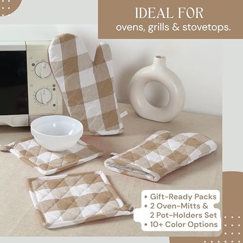 Buffalo Plaid Check Oven Mitts and Pot Holders Set, 100% Cotton, Heat Resistant, Includes 2 Oven Gloves (7x13 Inches) and 2 Hot Pads (8x8 Inches) for Cooking and Baking, Beige White - color: Beige, Buffalo Plaid