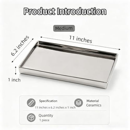 11" x 6.2" Shiny Silver Ceramic Vanity Tray, Rectangular Mirror Finish Jewelry Organizer, Elegant Trinket Dish for Makeup, Rings, Perfume and Small Bathroom Dresser Decor - size: 11" x 11" x 1"