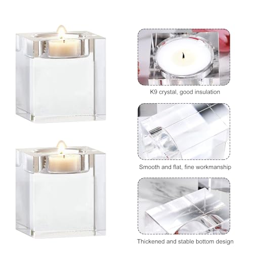 4 Pcs Clear Crystal Candle Holders, 2×2×1.6 inch Square Tealight Candle Holders Solid Square Tea Light Holders for Table Centerpiece Wedding Decor and Dinner Party Home Decor Candlelight