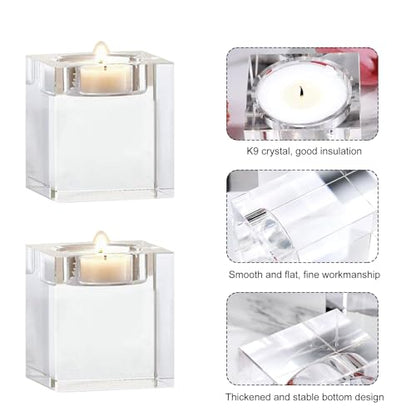 4 Pcs Clear Crystal Candle Holders, 2×2×1.6 inch Square Tealight Candle Holders Solid Square Tea Light Holders for Table Centerpiece Wedding Decor and Dinner Party Home Decor Candlelight