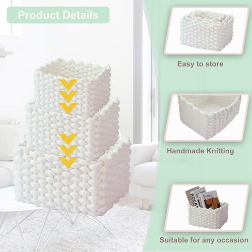 hand-knitted velvet rope storage basket set of 3 - soft cotton rope desktop cosmetics organizer box - nesting multi-functional storage basket (white) - color: White