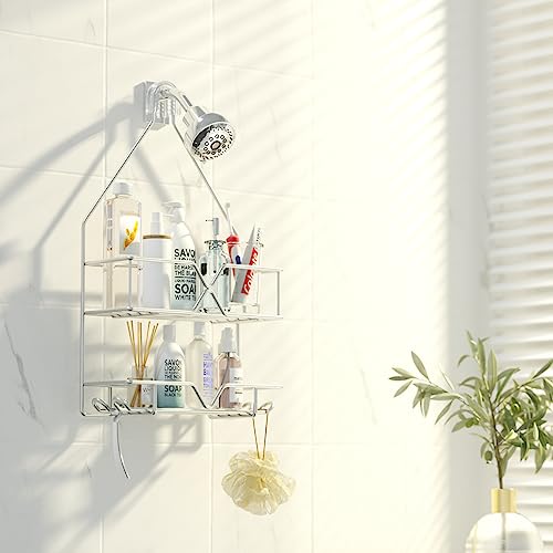 TreeLen Rustproof Shower Caddy, Hanging, Stainless Steel, 4 Hooks, 2 Shelves, Non-Slip - color: Silver