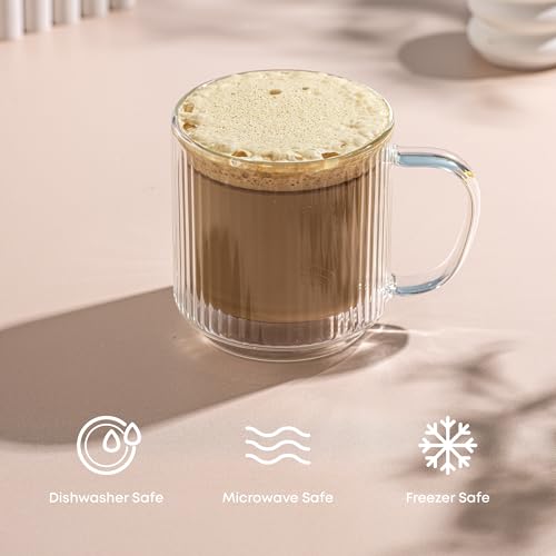 JoyJolt Haven Stackable Fluted Glass Mugs, Set of 2 Ribbed Double Wall Insulated Coffee Cups, 13.5oz Clear Mugs - style: Fluted Mugs