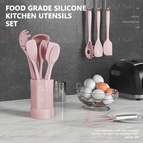 AOTHOD Silicone Cooking Utensils Set - 446°F Heat Resistant Kitchen Utensils, Spatula,Turner Tongs,Spoon,Whisk,Kitchen Utensil Gadgets Tools Set for Nonstick Cookware,Dishwasher Safe BPA Free(Pink) - color: Pink