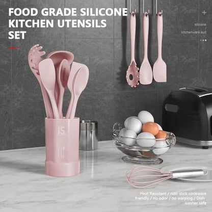 AOTHOD Silicone Cooking Utensils Set - 446°F Heat Resistant Kitchen Utensils, Spatula,Turner Tongs,Spoon,Whisk,Kitchen Utensil Gadgets Tools Set for Nonstick Cookware,Dishwasher Safe BPA Free(Pink) - color: Pink