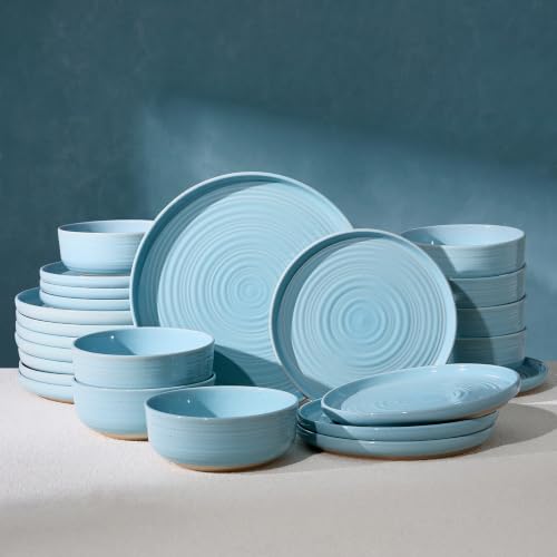 Dinnerware Sets for 8, Ceramic Plates and Bowls, Ice Blue | 24-Piece Ceramic Speckled Spiral Dishes, Chip & Scratch Resistant, Microwave & Dishwasher Safe, Everyday Use, Farmhouse Style - color: Ice Blue, size: Service for 8 (24pc)