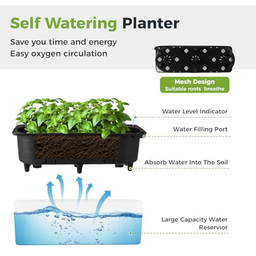 2 Pack Rectangular Planter 15.6 x 5.4 in Self Watering Planter Window Sill Planters Indoor Rectangle Plant Pot Self Watering Pots Plastic Plant pots with Drainage Holes Black Flower Pot - color: White