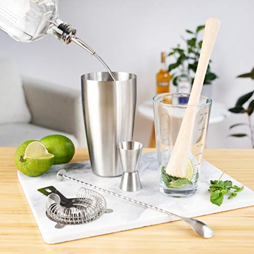 True 7-Piece Barware Set for Mixed Drinks and Cold Brew Cocktails, Includes Boston Cocktail Shaker Tin, Mixing Glass, Jigger, Muddler, Strainer, Bar Spoon, Pour Spout for Home Bar, Bartender Gifts - size: 7 Piece
