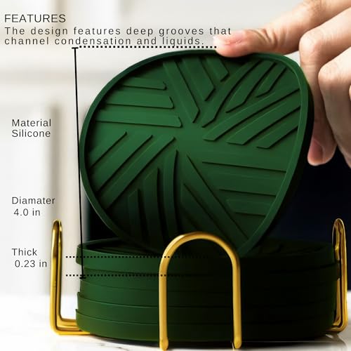 Silicone Drink Coasters, Set of 6, with Groove Patterns and Gold Holder - Olive Green - color: Olive Green