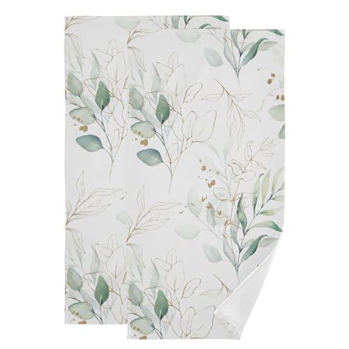 2 Pack Sage Green Eucalyptus Leaf Hand Towels for Bathroom,Soft Absorbent Spring Watercolor Golden White Leave Branch Decorative Guest Bathroom Towels,Quick Dry Dish Kitchen Towels 14"x28" - color: Sage Green