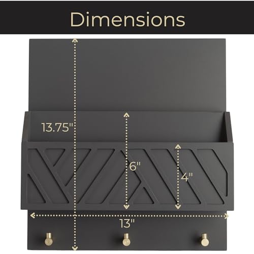 BLU MONACO | Wall-Mounted Mail and Key Holder in Grey Wood | Two-Tier Mail Organizer with Gold Hooks | Entryway Command Center for Home or Office - color: Gray