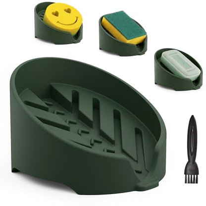 NiHome Silicone Sponge Holder for Kitchen Sink, Fits Scrub Daddy Mommy | Self-Draining Dispenser Organizer Tray, Sink Caddy Countertop Fits Soaps, Scrubber, Dishwasher Safe, Includes Brush - color: Dark Green