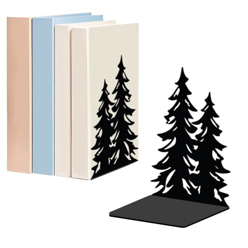 WADORN 1 Pair Pine Tree Metal Decorative Bookend for Shelves, Heavy Duty Book Ends Modern Non-Skid Books Holder Stand Black Book Support Stoppers for Desk Bookshelf Office Home, 5.3x4.3x7.9 Inches - color: Pine Tree