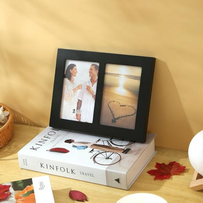 4x6 2-Opening Collage Frame Black Wood | Two 4x6 openings, shatter-resistant glass, tabletop & wall mount - size: 4x6 - 2 Opening