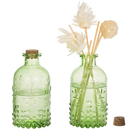 MyGift Vintage Embossed Green Glass Small Reed Diffuser Bottle with Cork Lid, Decorative Flower Bud Vase, Set of 2 - color: Light Green (Set of 2)